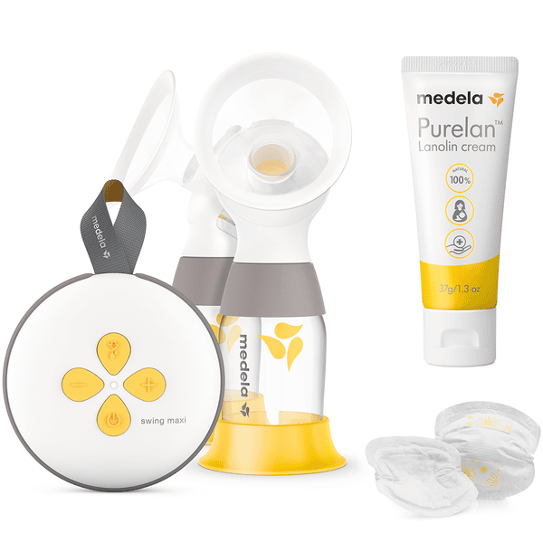 Medela Amningsuppsättning Elektrisk dubbel bröstpump Swing Maxi, engångs amningsdynor 60 st, bröstsalva Purelan 37g