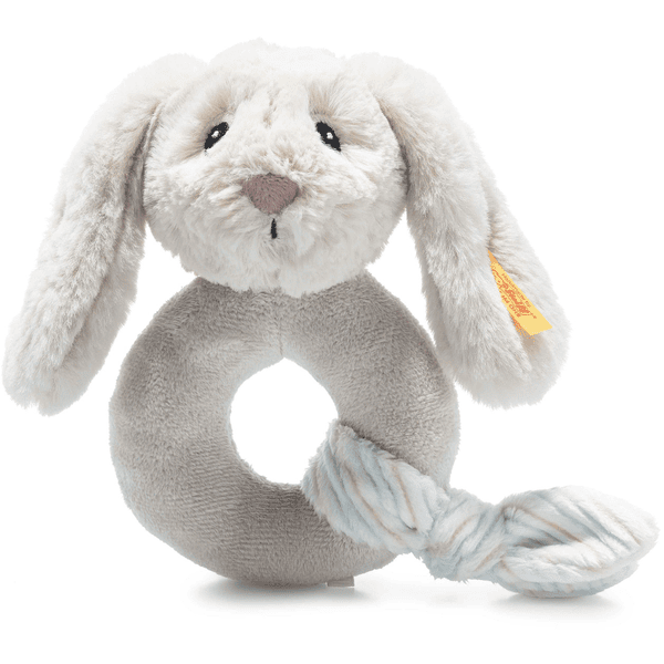 Steiff Pehmeä Cuddly Friends Hoppie-pupu tarttumislelu, jossa on helistin, vaaleanharmaa.