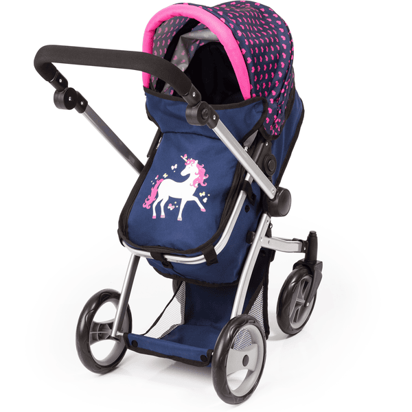 bayer Design Passeggino duo per bambole Mega Set, blu con cuori e unicorno  