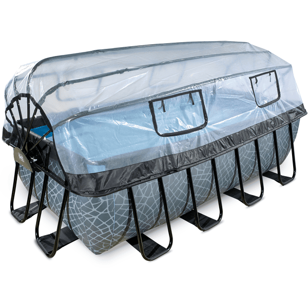 EXIT Frame Pool 4x2x1.22m (12v Sand filter) - Grå + soltag + varmepumpe