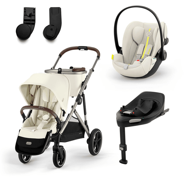 cybex GOLD i-Size Gazelle S Taupe Seashell Beige -lastenrattaat, joihin sisältyy lastenistuin Cloud G sekä Seashell Beige Base G -alusta ja sovitin.