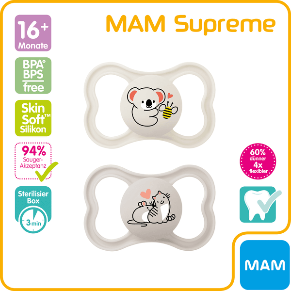 MAM Chupete Supreme Silicona, 0-6 meses, 2pcs, ballena/ mapache 