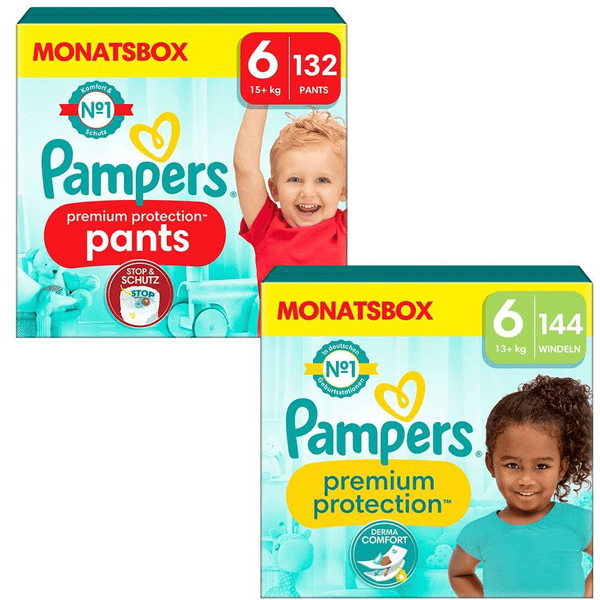 Pampers Set di pannolini Premium Protection Pants, taglia 6, 15kg+ (132 pz.) e Premium Protection Diapers, taglia 6 Extra Large , 13kg+ (144 pz.)