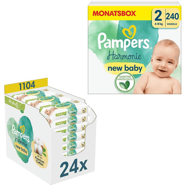 Pampers Luierset Harmonie maat 2, 4kg - 8kg (240 luiers) en vochtige doekjes Harmonie New Baby, 1.104 doekjes (24 x 46 stuks). |