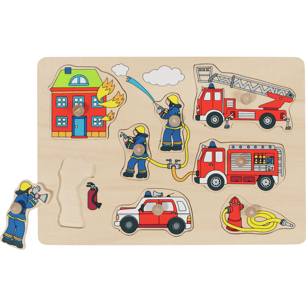 Puzzle en bois 48 pièces les pompiers enfant goki avec cadre support.