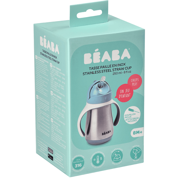 BEABA Tazza con cannuccia in acciaio inossidabile 250 ml in blu chiaro 