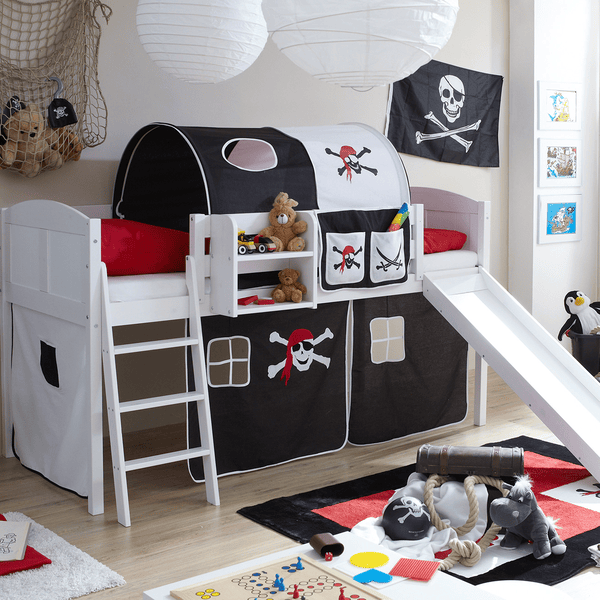 TICAA Letto a soppalco con scivolo per bambini EKKI Pino bianco country - Pirati - nero/bianco