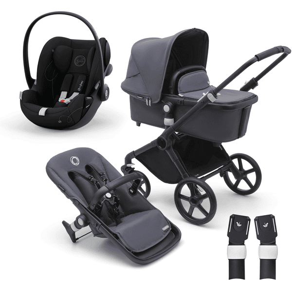 bugaboo Kinderwagen mit Liegeaufsatz und Sitz Black/Stormy Blue inkl. cybex GOLD Babyschale Cloud G i-Size Magic Black und Adapter