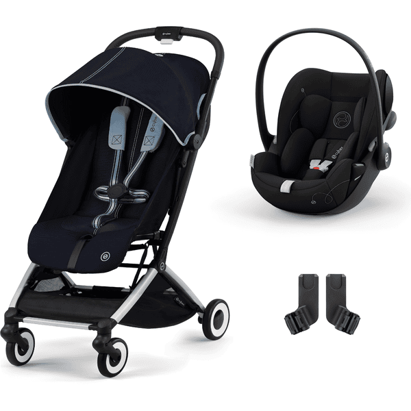 cybex GOLD Carro de bebé Orfeo Silver Ocean Blue con silla portabebés Cloud G i-Size Moon Black con silla portabebés y adaptador