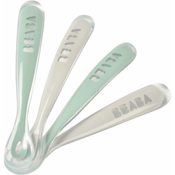 BEABA  ® Set di 4 cucchiai in silicone per bambini di 1a età, velvet grigio/verde salvia