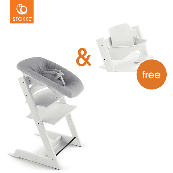 STOKKE® Mega Tripp Trapp® Set Hochstuhl Buche weiß inkl. Newborn Set™ Grey + gratis Baby Set V2 weiß