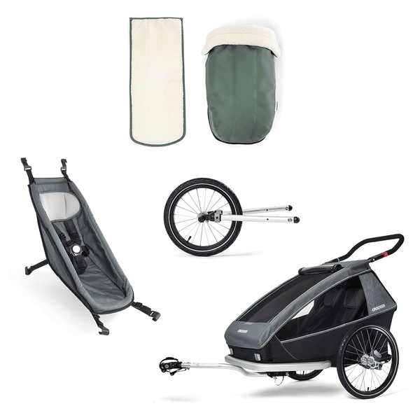 CROOZER Kinderfahrradanhänger Kid Vaaya 2 Graphite blue inklusive Jogger-Set, Babysitz und Winter-Set für Babysitz Jungle green