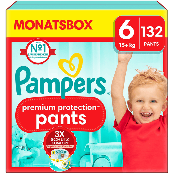 Pampers Premium Protection Pants, størrelse 6, 15 kg+, månedlig æske (1x 132 bleer)