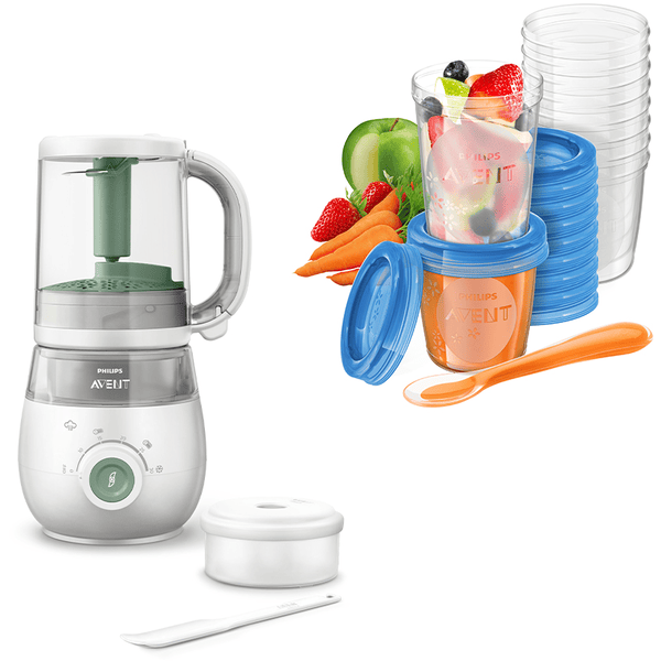 Philips Avent Baby Food Maker 4-i-1 dampkoger og blender SCF885/01 i grøn inkl. opbevaringssystem til babymad SCF721/20