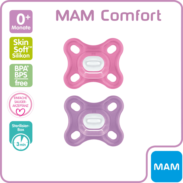 MAM Sucette Comfort silicone, 0 mois+, rose/violet lot de 2