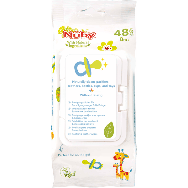 Nûby antibakterielle Feuchttücher für Schnuller und Beißringe All Natural 48 Stück mit verschließbarer Spenderbox