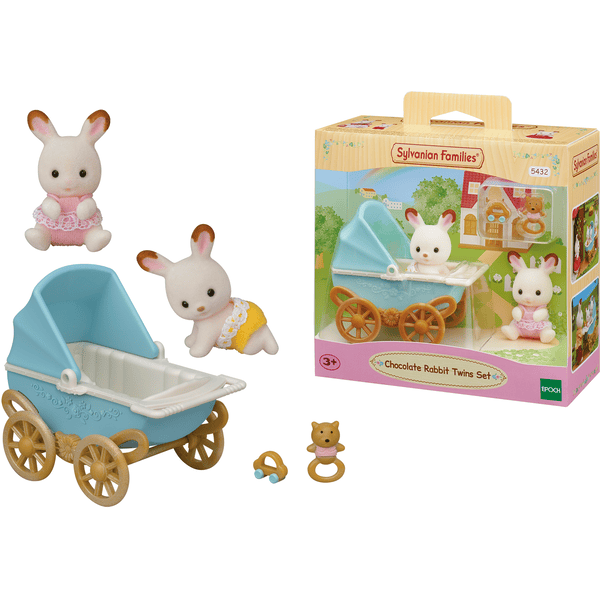 Sylvanian Families® Gemelos conejo con carrito de bebé de juguete 