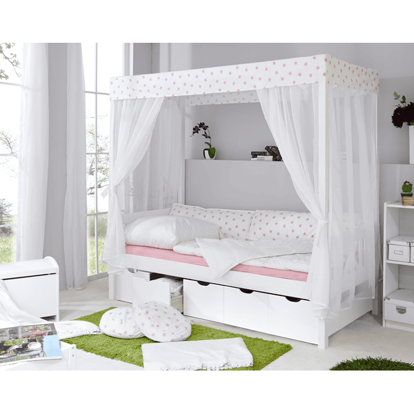 TiCAA Himmelbett Stern weiß-rosa mit 5 Schubkästen