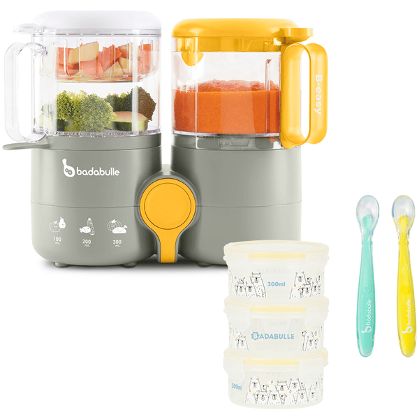 Badabulle Babynahrungszubereiter B.easy im Set mit Aufbewahrungsbehälter Maxibox 3er Pack Happy Bear und 2er Set Silikonlöffel