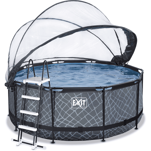 EXIT Stone Pool ø360x122cm med overdækning, Sand filter og varmepumpe, grå