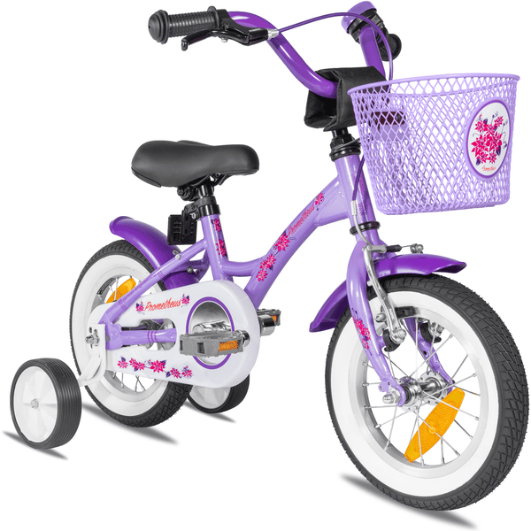 PROMETHEUS BICYCLES ® Dětské kolo 12" od 3 let s tréninkovými koly ve fialové a bílé barvě