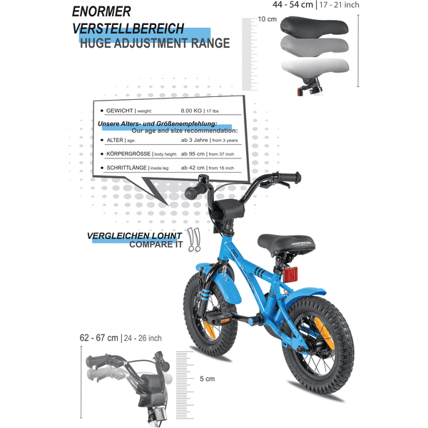 PROMETHEUS BICYCLES® BLUE HAWK Kinderfahrrad 12 in Blau & Schwarz ab 3  Jahre mit Stützräder 