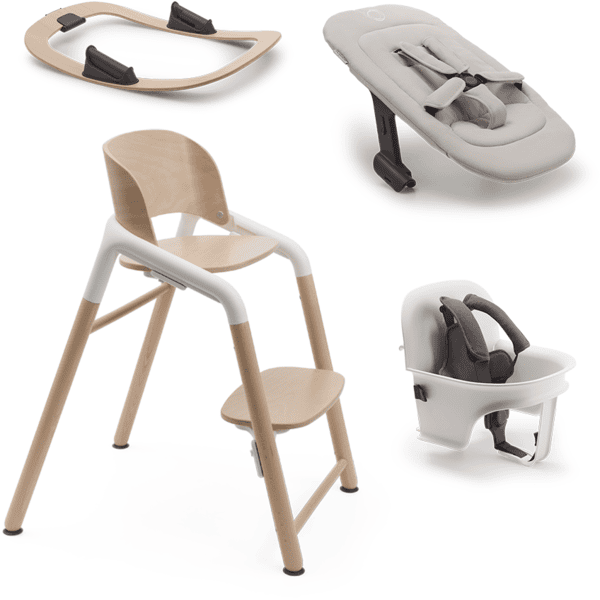 bugaboo Hochstuhl Giraffe Basis Neutral Wood/White mit Wippengestell, Neugeborenenset und Babyset Giraffe