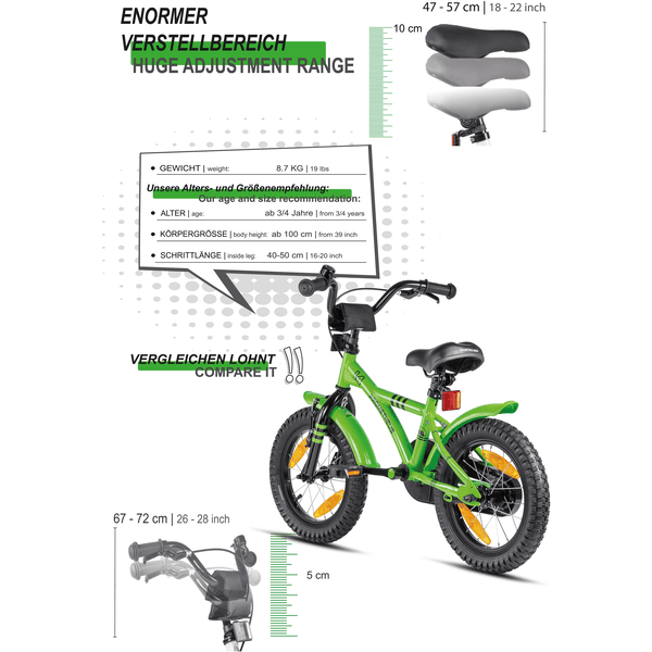 PROMETHEUS BICYCLES® HAWK Kinderfahrrad 14 , Grün-Schwarz mit Stützrädern  