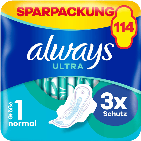 always Siipimalliset terveyssiteet Ultra Normal kuukausipakkaus, 114 kpl (3 pakkausta x 38 kpl).