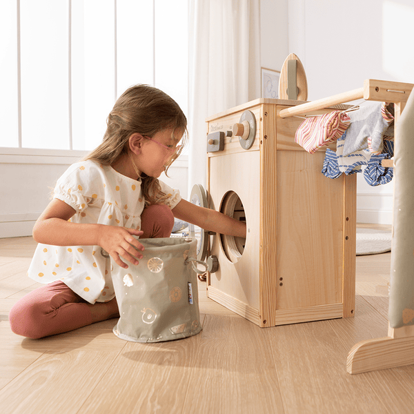 howa® Lavatrice in legno per bambini con stendibiancheria, asse da stiro,  cesto per il bucato e ferro da stiro 