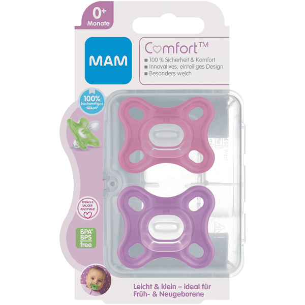 MAM Sucette Comfort silicone, 0 mois+, rose/violet lot de 2