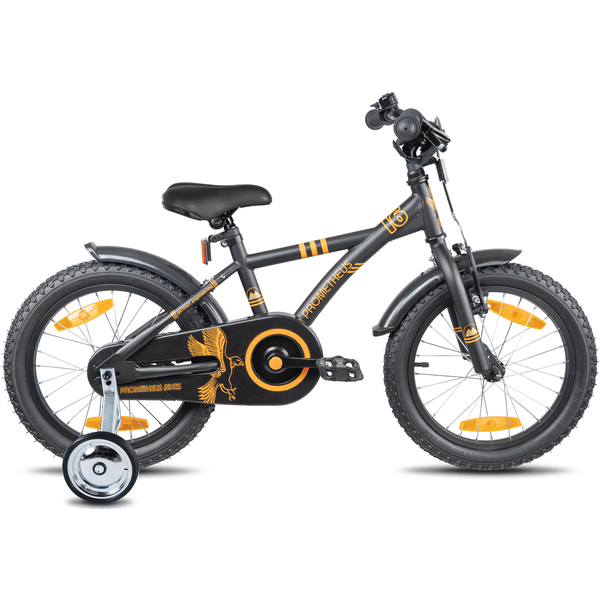 PROMETHEUS BICYCLES® Vélo enfant 16 pouces stabilisateurs noir mat orange