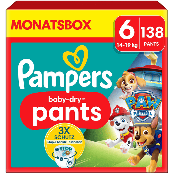 Pampers Baby-Dry Pants Paw Patrol, talla 6 extra Large 14-19kg, caja mensual (1 x 138 pañales)