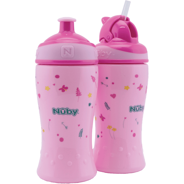 Stationair Extreem belangrijk Bijzettafeltje Nûby drinkfles met rietje en drinkfles met Pop-Up sluiting 360ml combipack  vanaf 18 maanden, roze | pinkorblue.nl