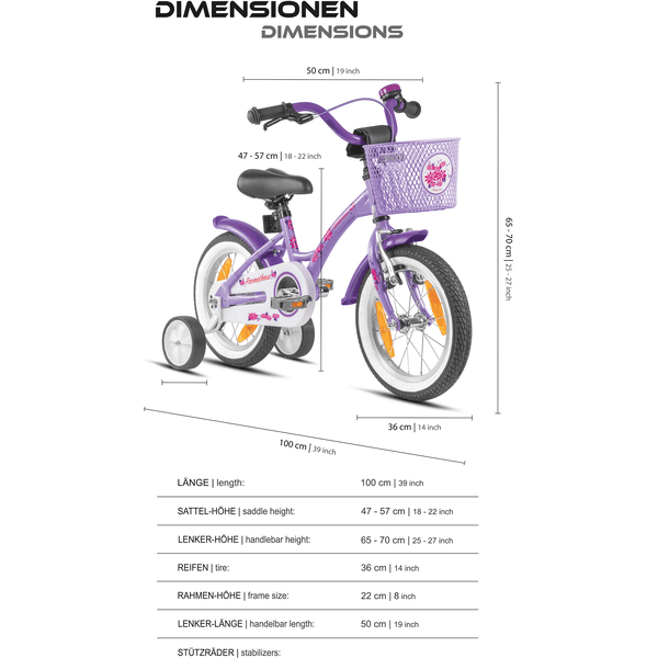 PROMETHEUS BICYCLES® Kinderfahrrad 14 , Violett-Weiß mit Stützrädern 