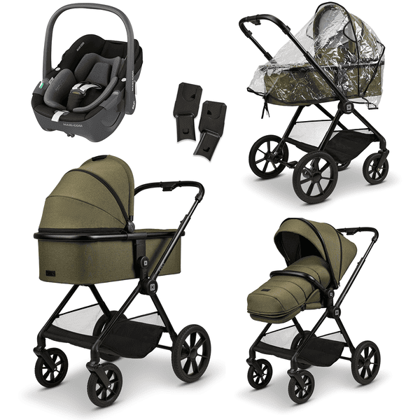 MOON green Pebble Essential Clicc barnevognskollektion 2024 moss melange inkl. MAXI COSI babyautostol 360 Black 