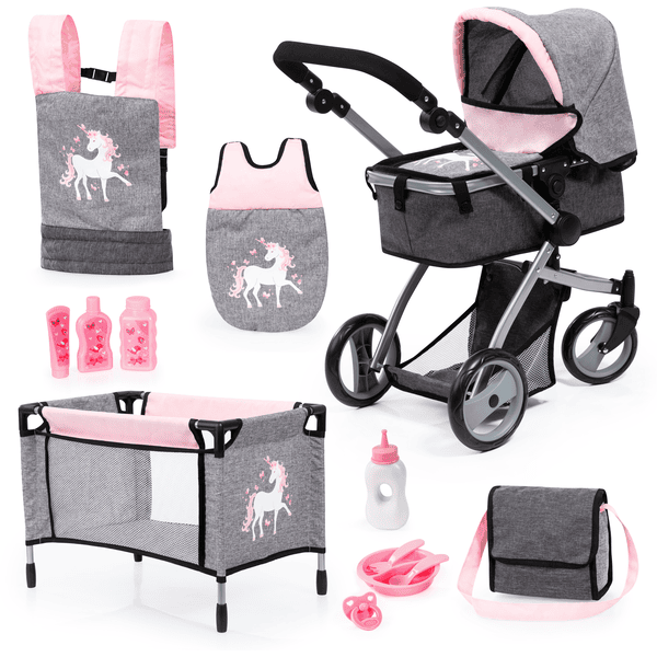 bayer Design Kombi-Puppenwagen Mega Set Einhorn, grau pink