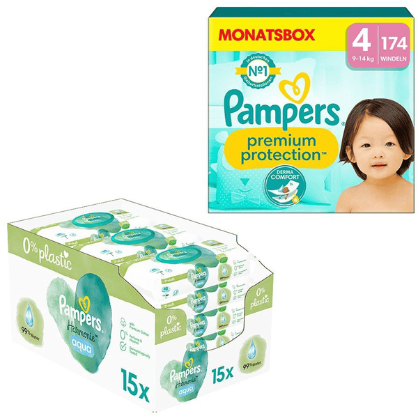 Pampers Luierset Premium Protection, maat 4 Maxi, 9-14kg (174 luiers) en vochtige doekjes Aqua 720 doekjes (15 x 48 stuks)