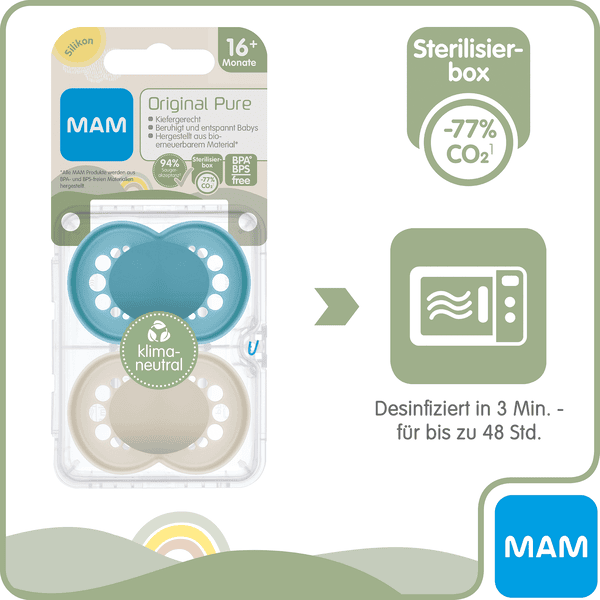 MAM Ciuccio originale Pure in set da 2 pezzi, adatto ai denti, in materiale  sostenibile e rinnovabile, tettarella in silicone SkinSoft, 6-16 mesi,  capriolo/uccello : MAM: : Prima infanzia