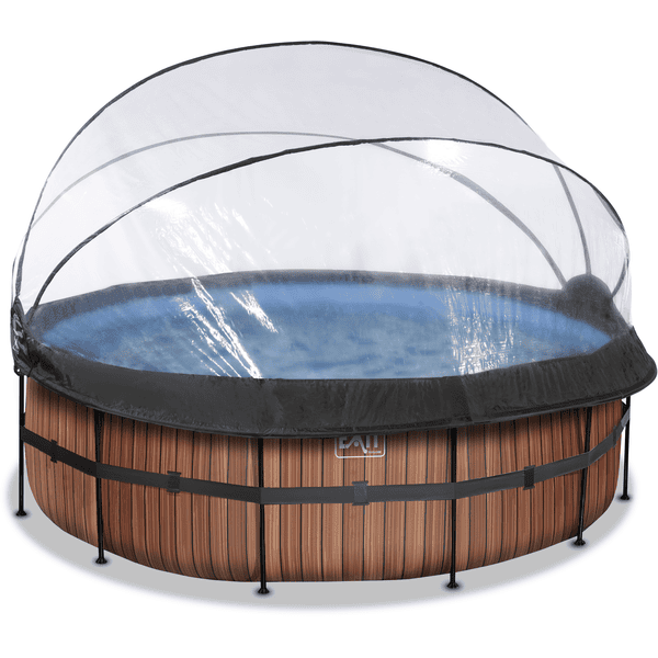 EXIT Frame Pool ø427x122cm (12v Sandfilter) – Holz Optik + Sonnendach