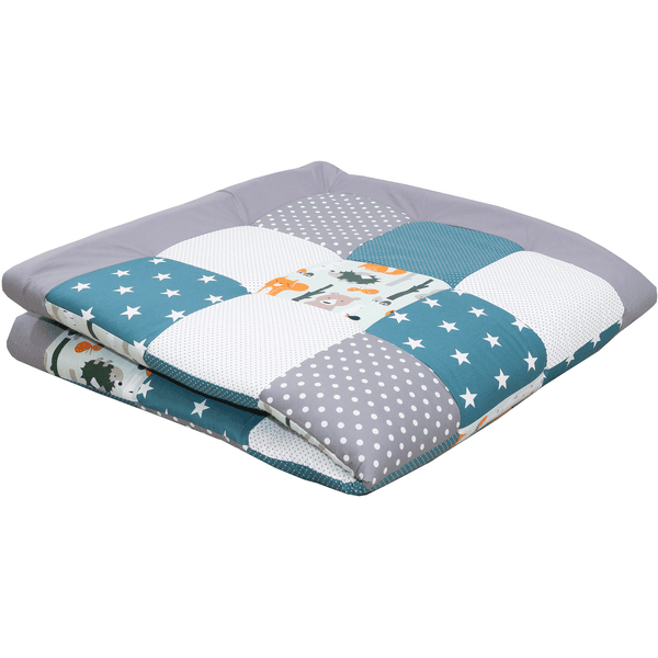 Ullenboom Couverture d'éveil matelas de parc bébé 140x140 cm animaux forêt bleu pétrole