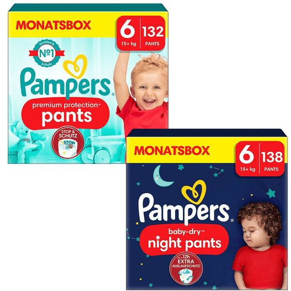 Pampers Premium Protection Pants, maat 6, 15kg+ (132 broeken) en Baby-Dry Pants Night , maat 6, 15kg+ (138 broeken).