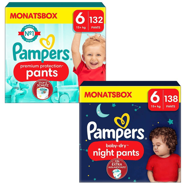 Pampers Premium Protection Pants, størrelse 6, 15 kg+ (132 bukser) og Baby-Dry Pants Night , størrelse 6, 15 kg+ (138 bukser)