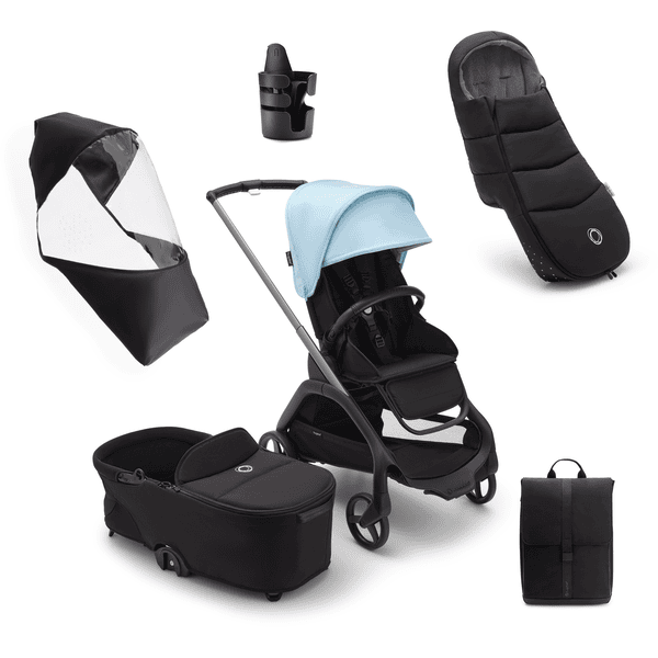 bugaboo Kinderwagen Dragonfly Complete Graphite/Midnight Black/Skyline Blue, Essential Bundle