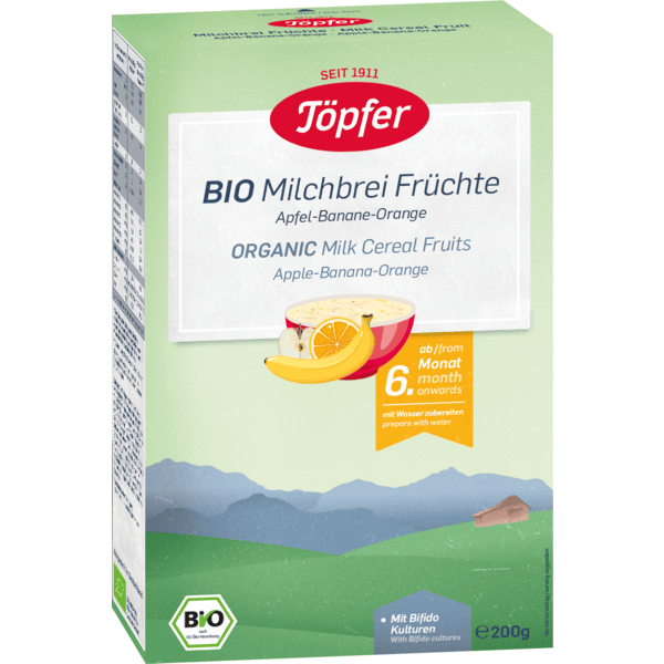 Töpfer Milchbrei Früchte Apfel-Banane-Orange Bio 200 g ab dem 6. Monat