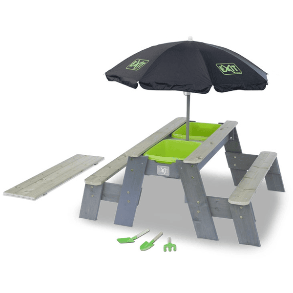 EXIT Aksent Sand,- Wasser- und Picknicktisch (2 Bänke) mit Sonnenschirm und Gartenwerkzeugen