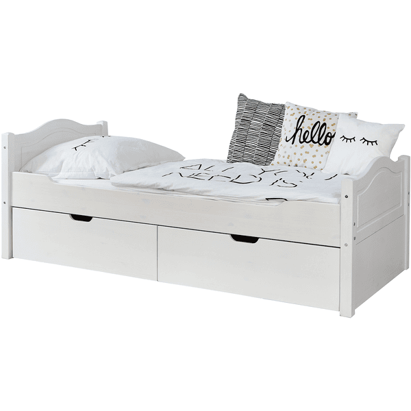TiCAA Pojedyncze łóżko Leni 100 x 200 cm biała sosna z 2 szufladami aden 