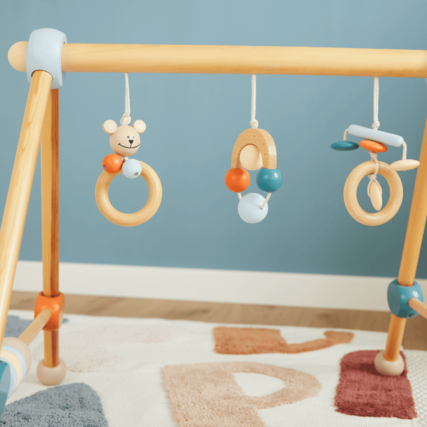 Portique d'éveil en bois - rouge et bleu-Jouets pour bébé-Portiques et  tapis d´