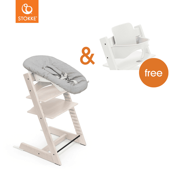 STOKKE® Mega Tripp Trapp® Set Hochstuhl Buche Whitewash inkl. Newborn Set™ Grey + gratis Baby Set V2 weiß