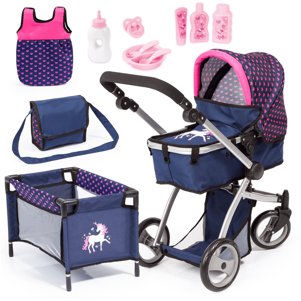 bayer Design Cochecito de muñecas Mega Set, azul con corazones y unicornio